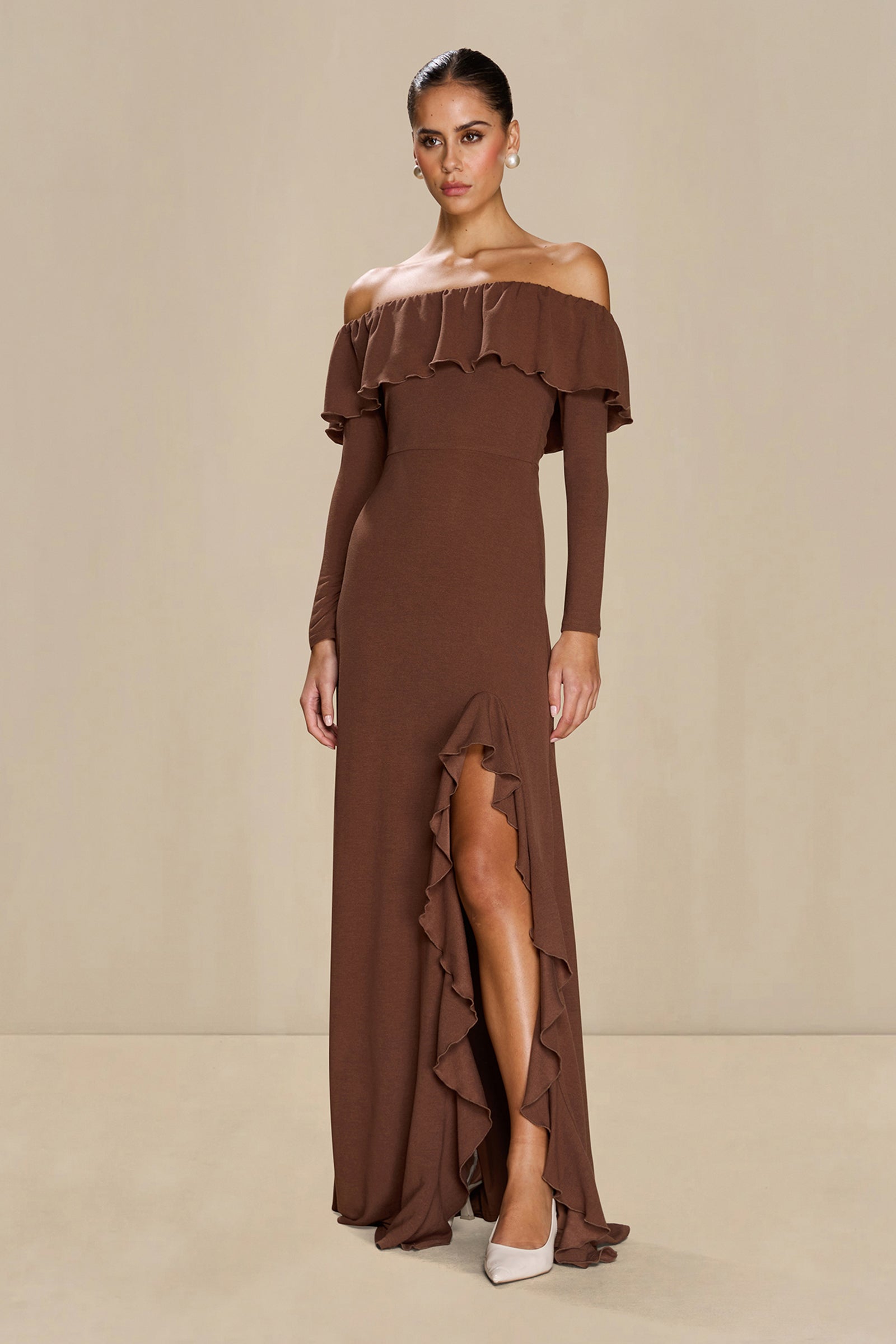 ARIA RUFFLE DRESS, EXPRESSO / LARGE | AU12
