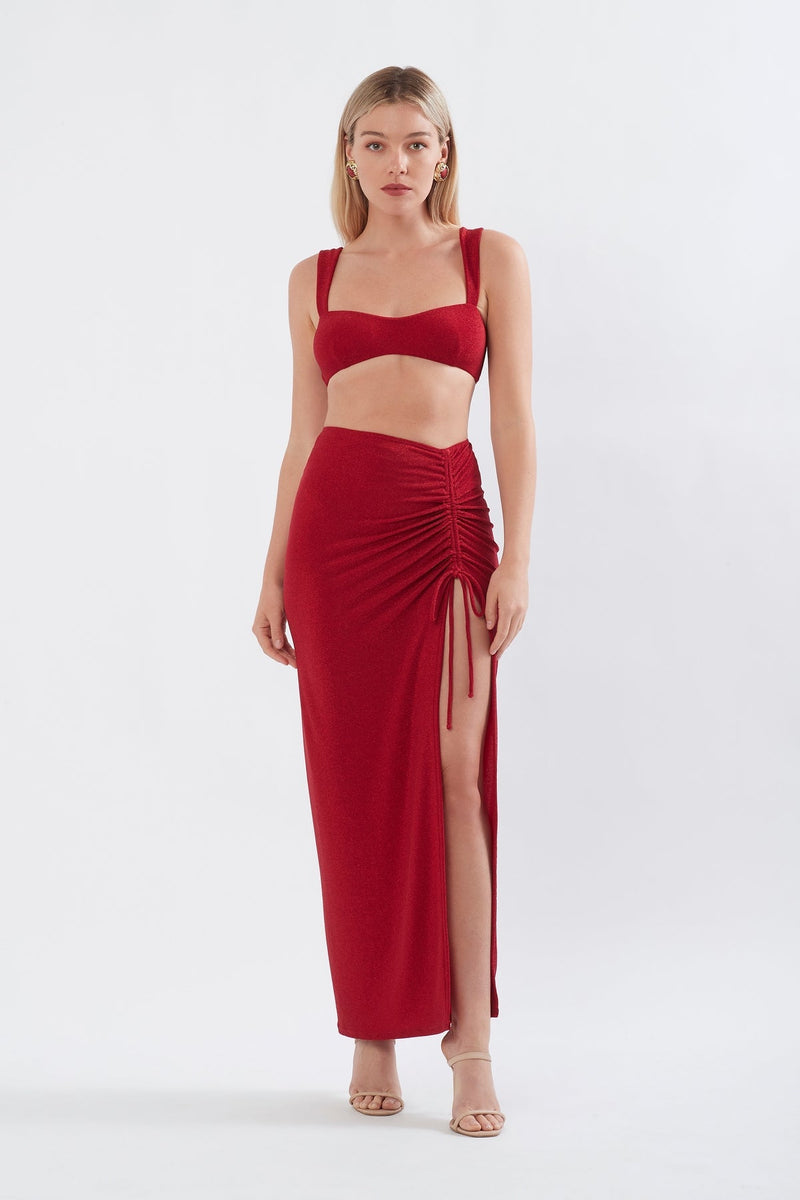 RUCHED SKIRT IN RED SHIMMER