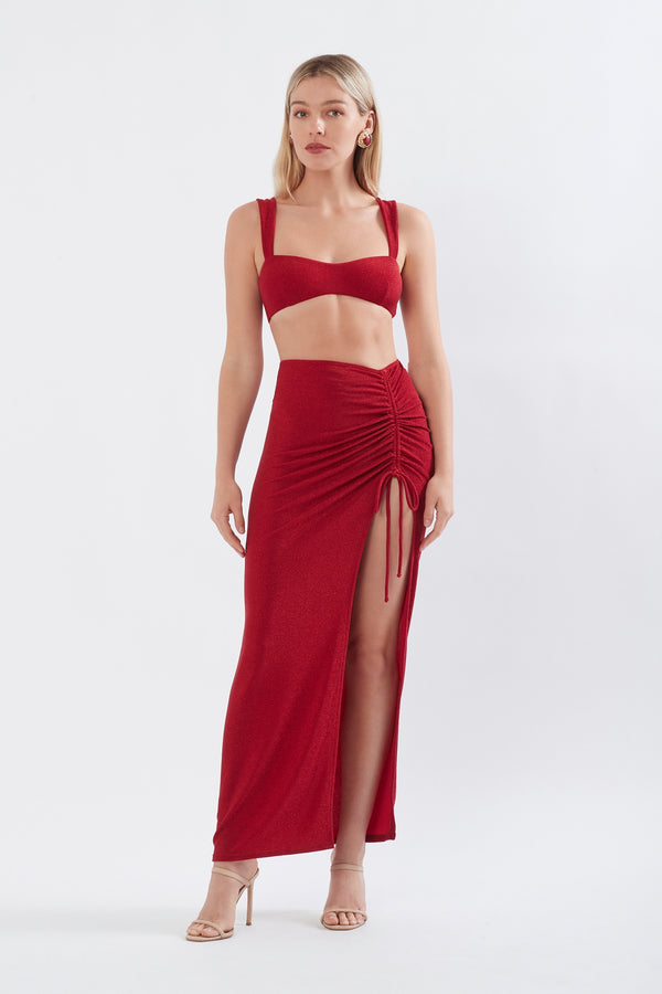 RUCHED MAXI SKIRT RED SHIMMER