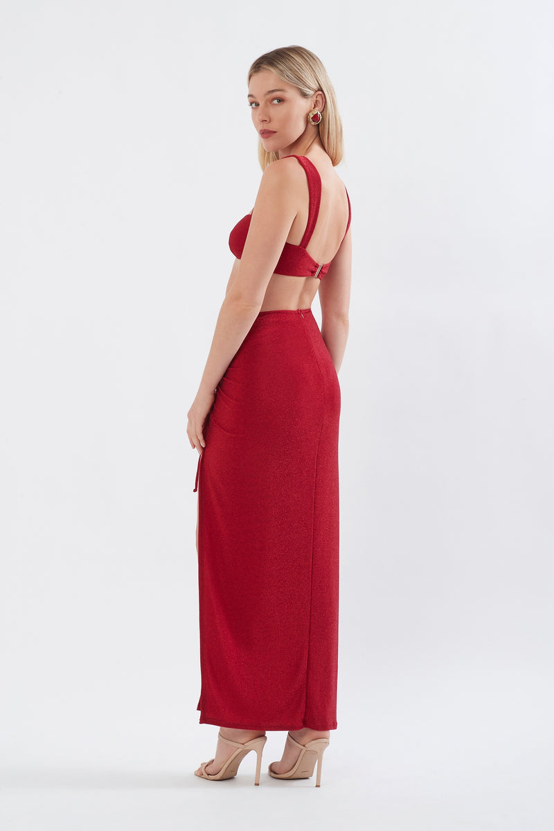 RUCHED MAXI SKIRT RED SHIMMER