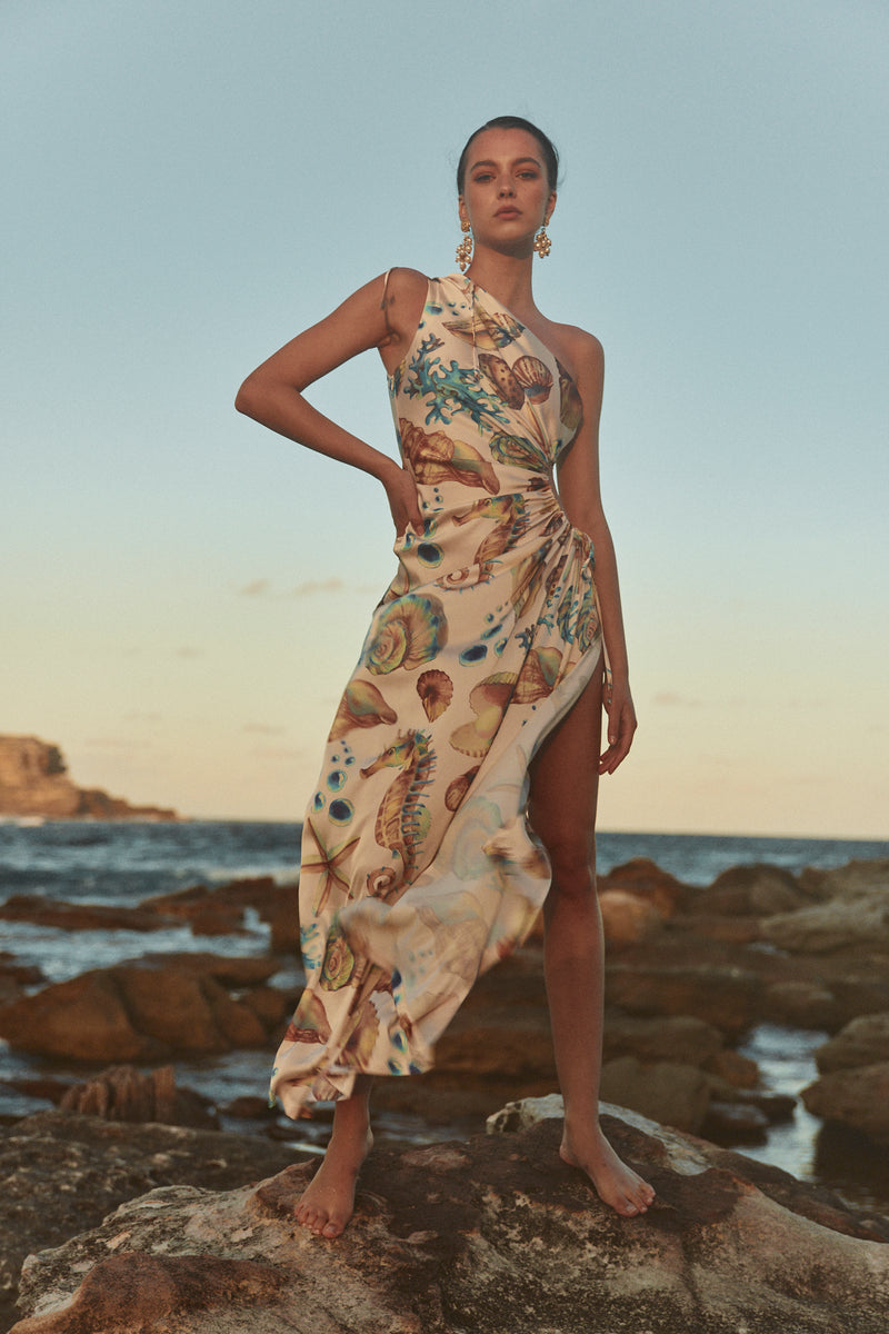 Nour One Shoulder Cut Out Maxi Dress In Seashell - Multicolour, Seashell / XX-LARGE | AU16 | US12 Nour One Shoulder Cut Out Maxi Dress In Seashell - Multicolour, Seashell / XX-LARGE | AU16 | US12